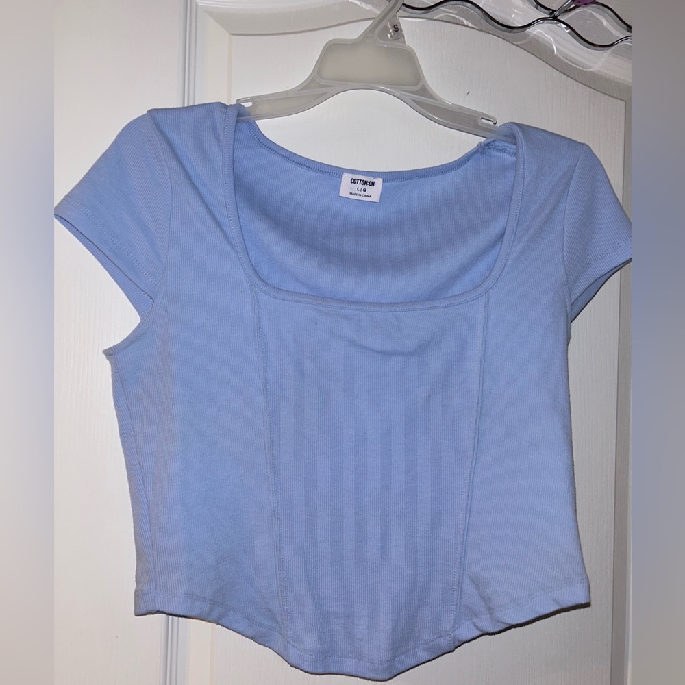 light blue cotton on women’s top, square neckline, corset bottom